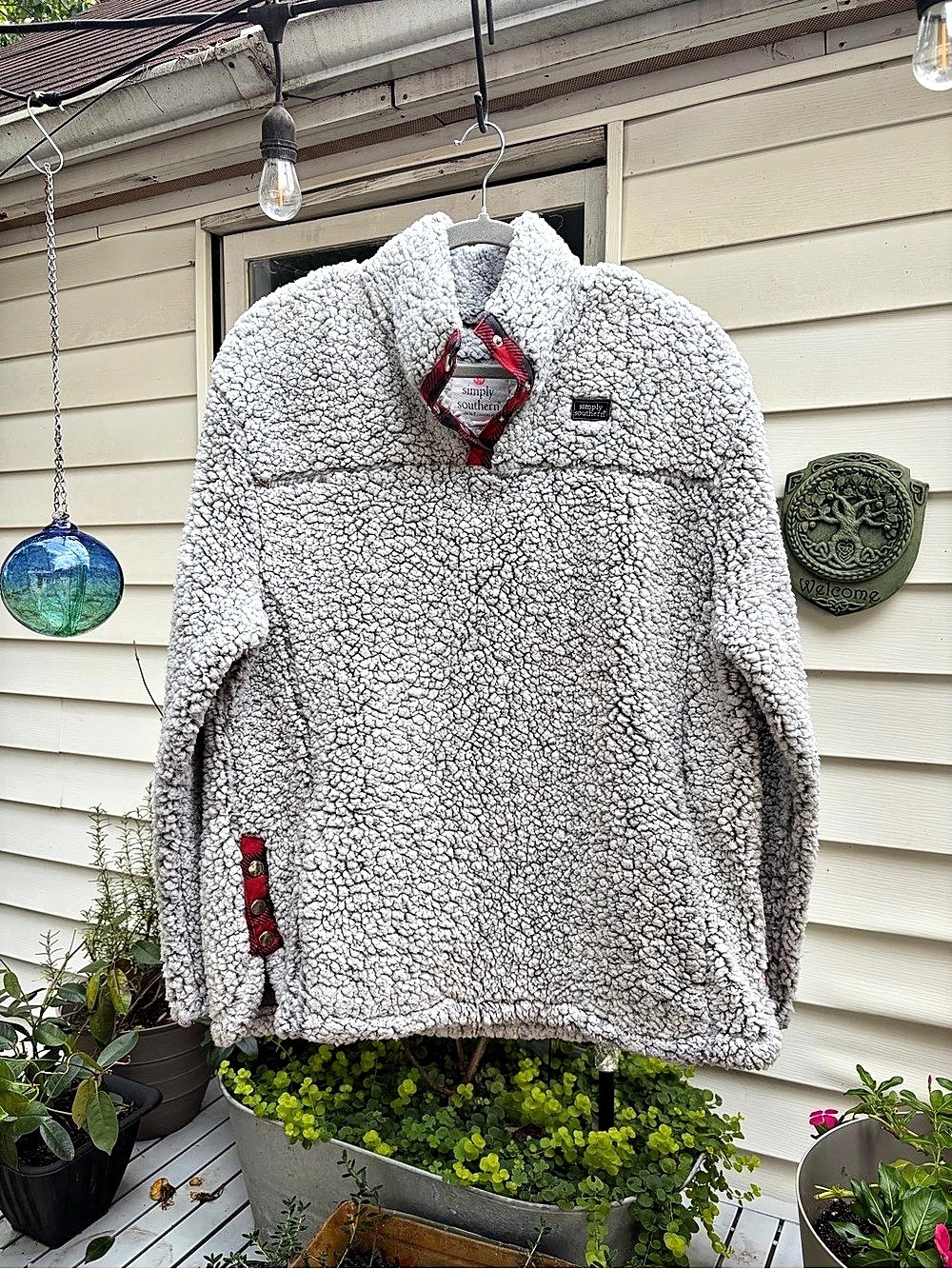 Simply Southern Women’s XL Gray Sherpa Pullover Buffalo Plaid Snap Fleece Jacket